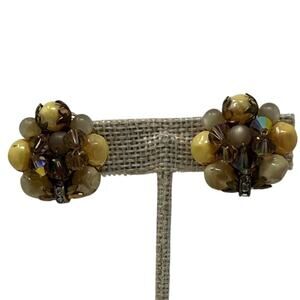 Vintage 60s Gold Tone Beaded Clip On Earrings Iridescent Retro